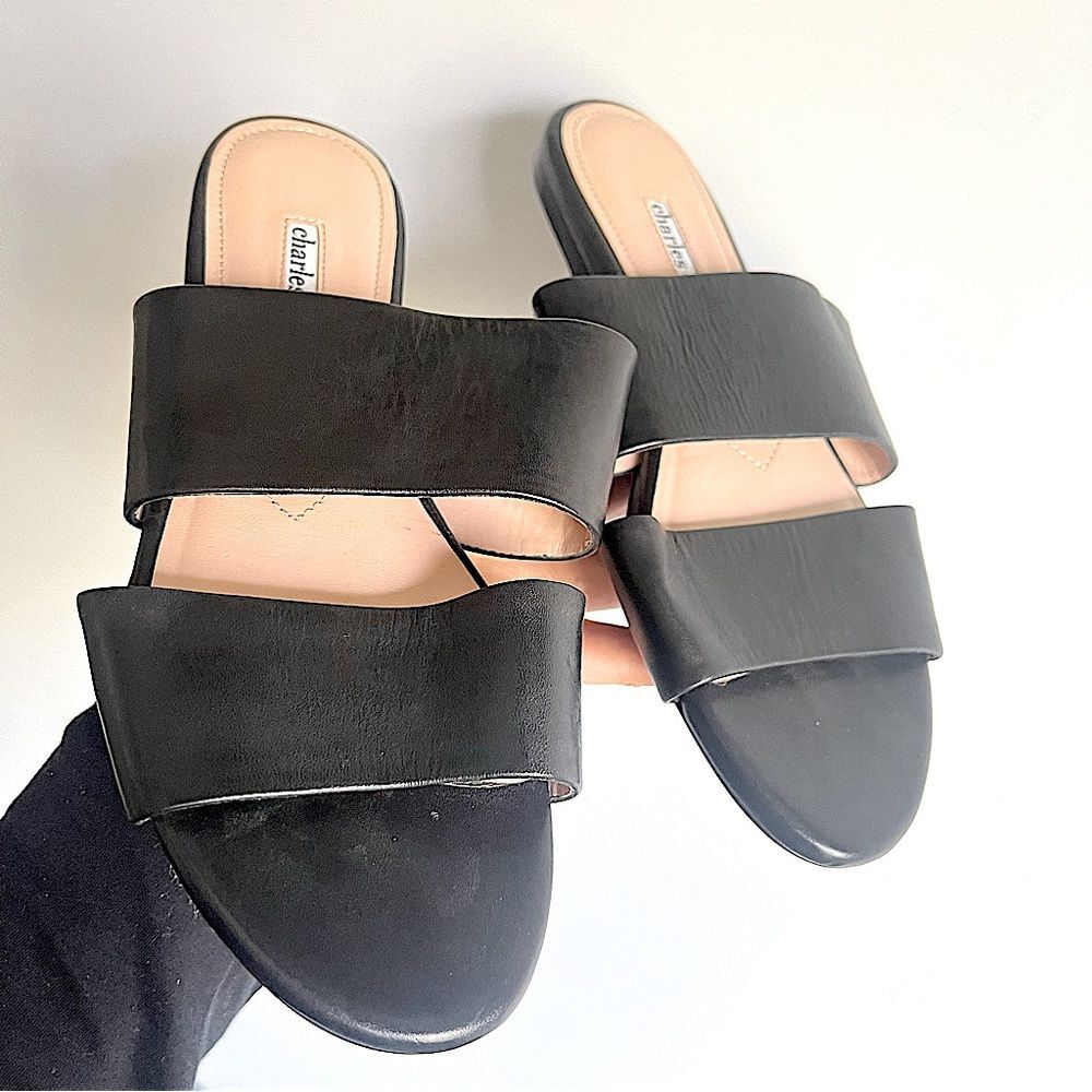 Charles David Siamese Banded Black Leather Slide Sandals Size 8.5 M